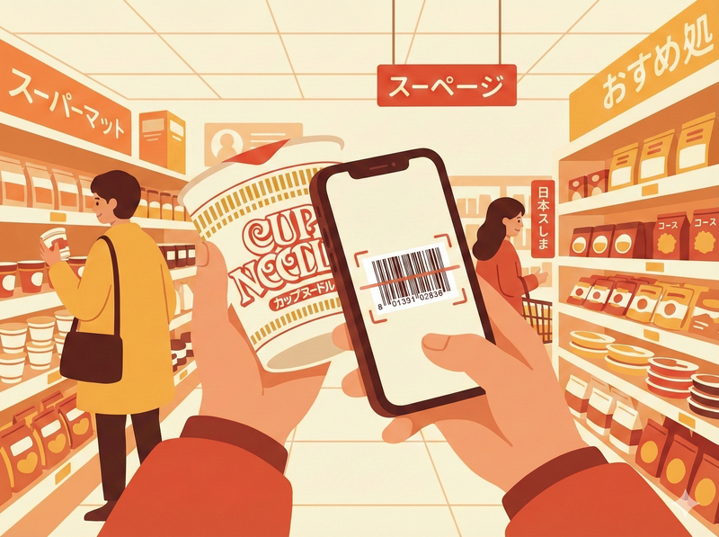 ソコネオのバーコードスキャン機能。スマホで商品バーコードを読み取り、価格と店舗情報を自動記録するイラスト