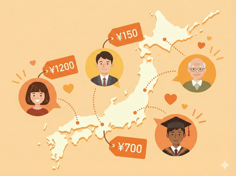 ソコネオのみんなの価格機能。ユーザー同士でスーパーの商品価格を共有し、地図上で最安値の店舗を比較するイラスト